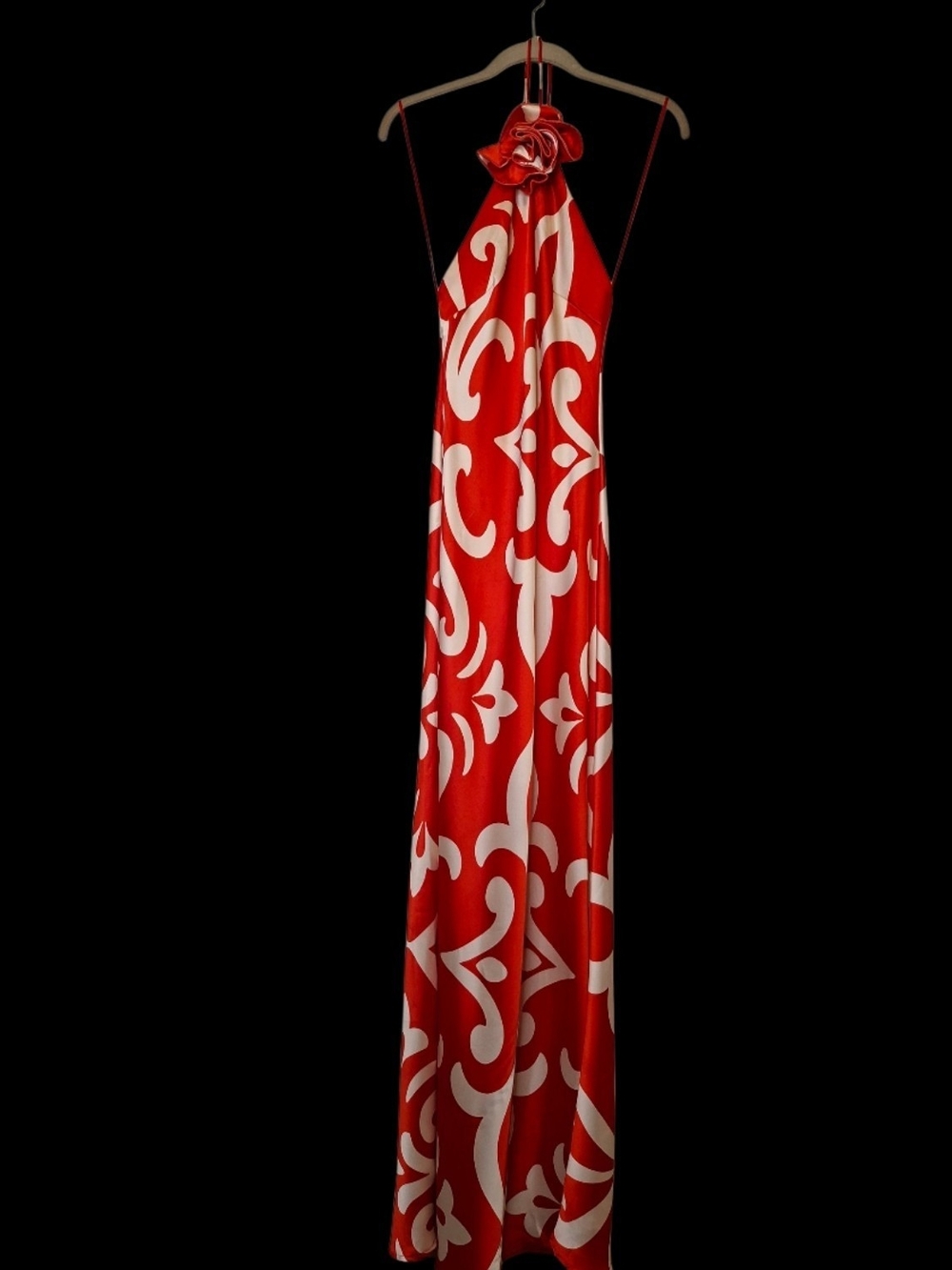 MANGO Flower Appliqué Halter Dress in Red. This satin maxi dress features an eye